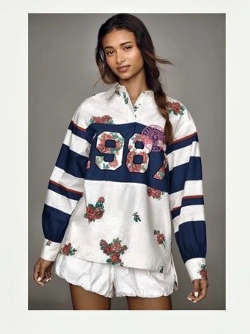 Maeve Anthropologie Floral 1987 Rugby Shirt Floral Rugby Shirt White & Blue Size